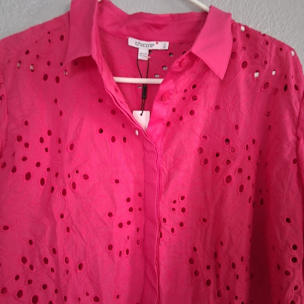 Chico's NWT Solid Pink Emb T oidered Flower Eyelet Button Down Pink Bromeliad 20 - Picture 3 of 7
